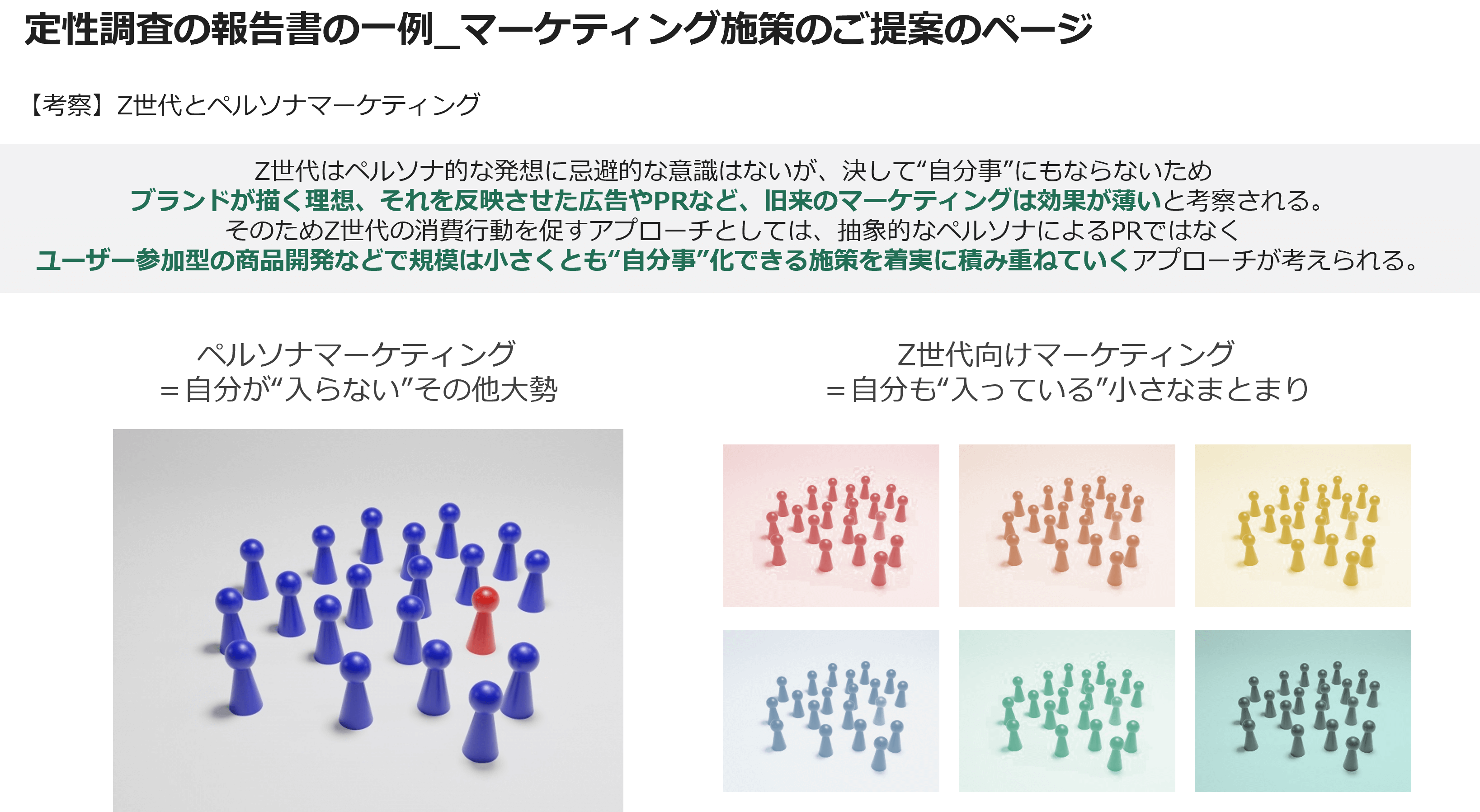 定性調査の報告書の一例_マーケティング施策のご提案のページ