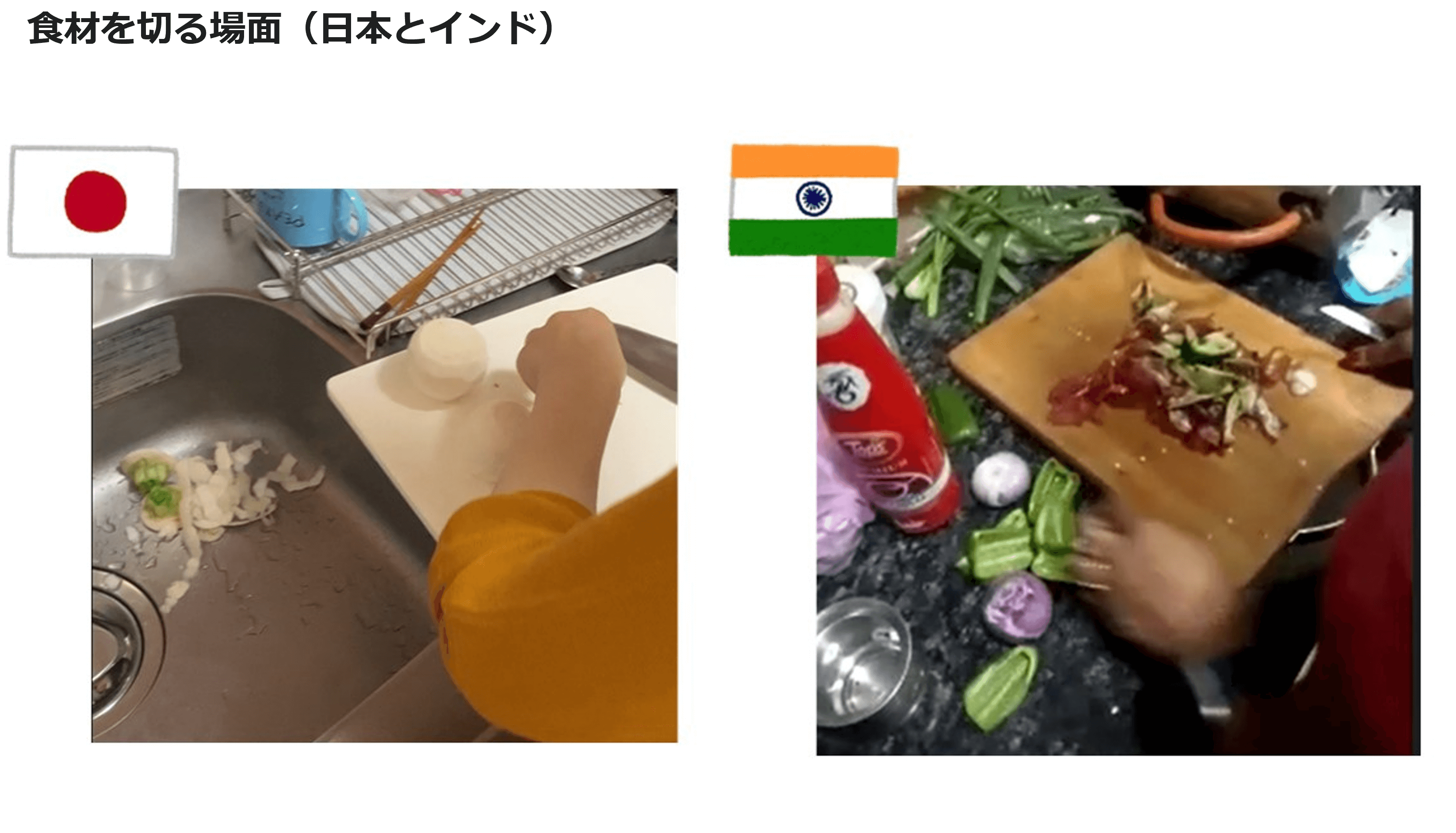 食材を切る場面（日本とインド）